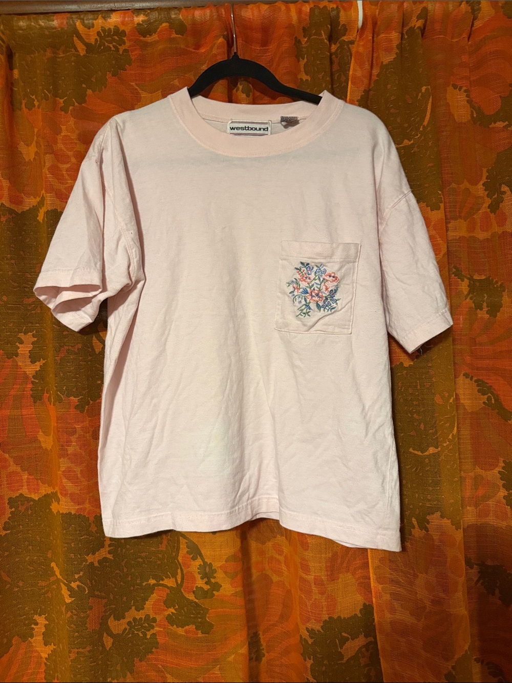 Westbound Pastel Pink Short Sleeve Tee with Embroidered Floral Pocket